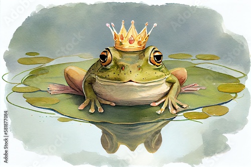Watercolor Illustration of a Cute Frog Wearing A Crown On A Lily Pad In The Middle Of A Pond Fototapet