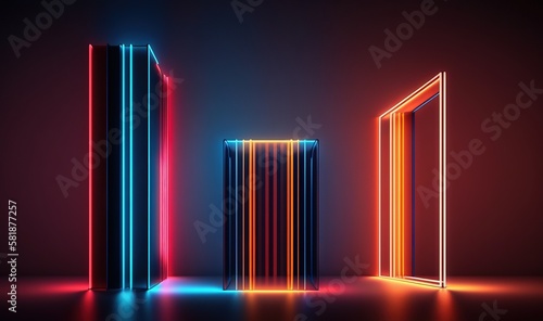  a group of neon lights that are next to each other in a room with a door and a mirror on the wall in front of it.  generative ai