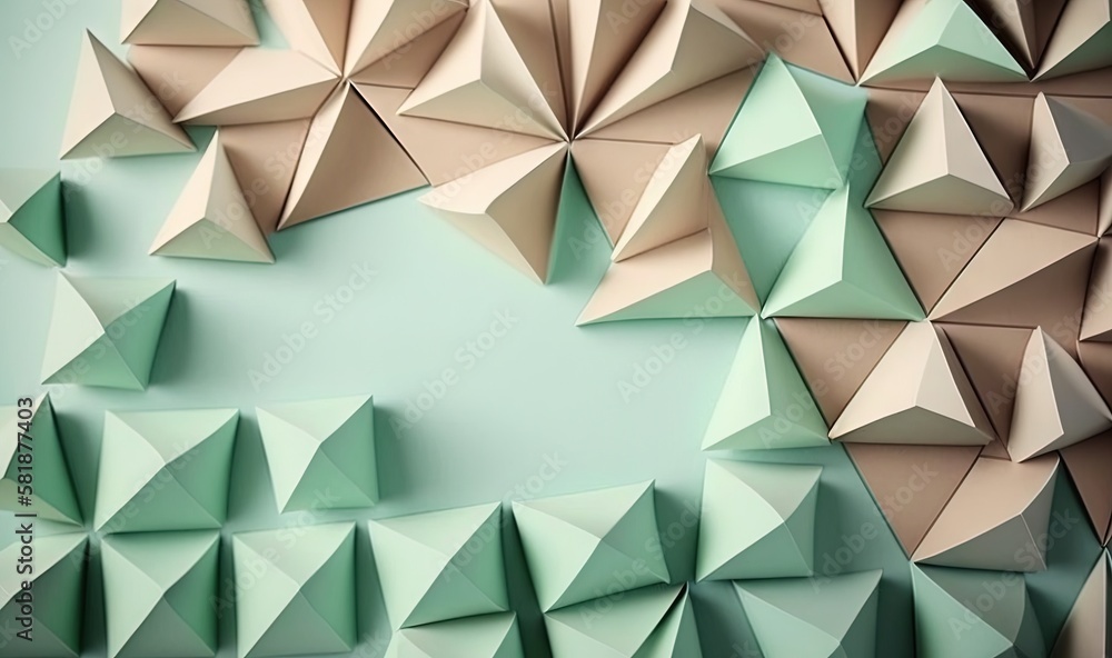 a wall with many different shapes and colors of paper origami on the side of the wall is a blue background with a light green wall. generative ai a wall with many different shapes and colors of paper origami on the side of the wall is a blue background with a light green wall. generative ai