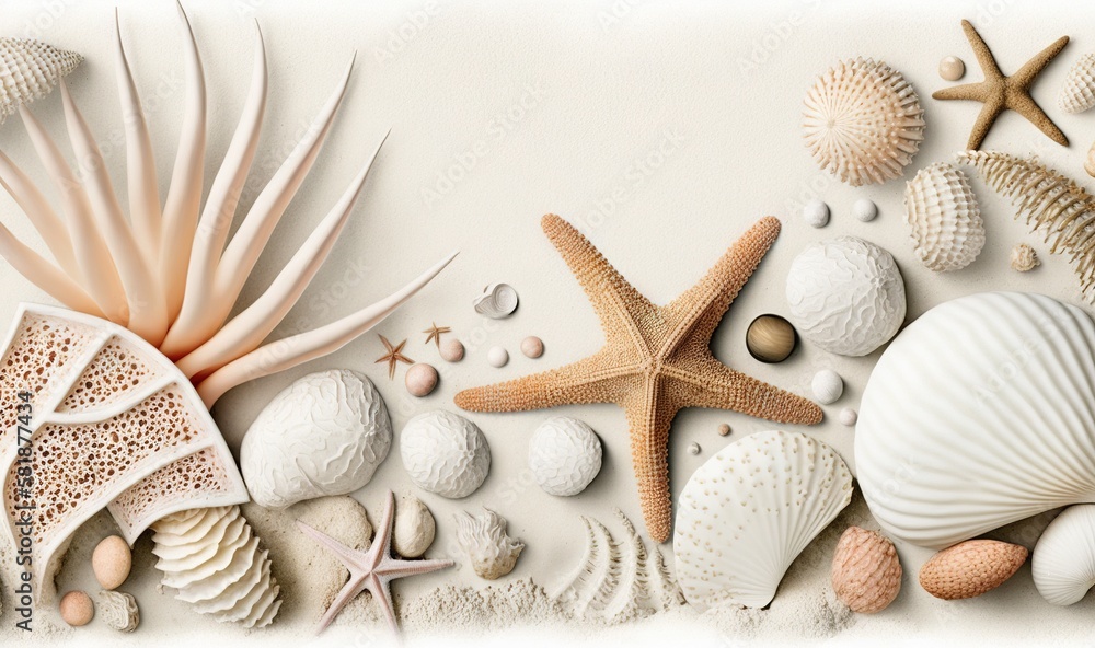 a group of seashells and starfish on a white background with a border ...