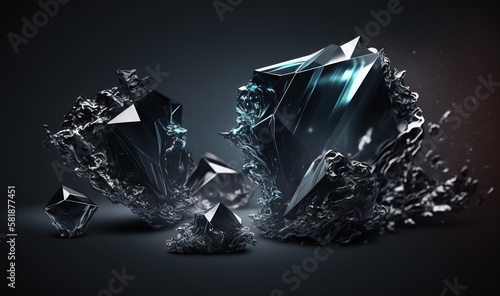  a group of shiny diamonds on a black background with a splash of water on the ground and on top of the image is a dark background.  generative ai