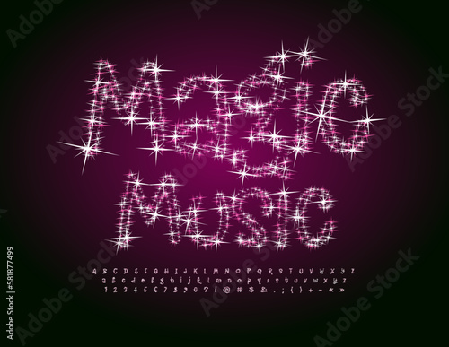 Vector creative poster Magic Music with Star sparkling Font. Glittering set of handwritten Alphabet Letters, Numbers and Symbols
