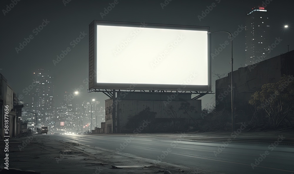 an empty billboard on a city street at night with a lot of lights in the background and a few cars on the road in the foreground. generative ai an empty billboard on a city street at night with a lot of lights in the background and a few cars on the road in the foreground. generative ai