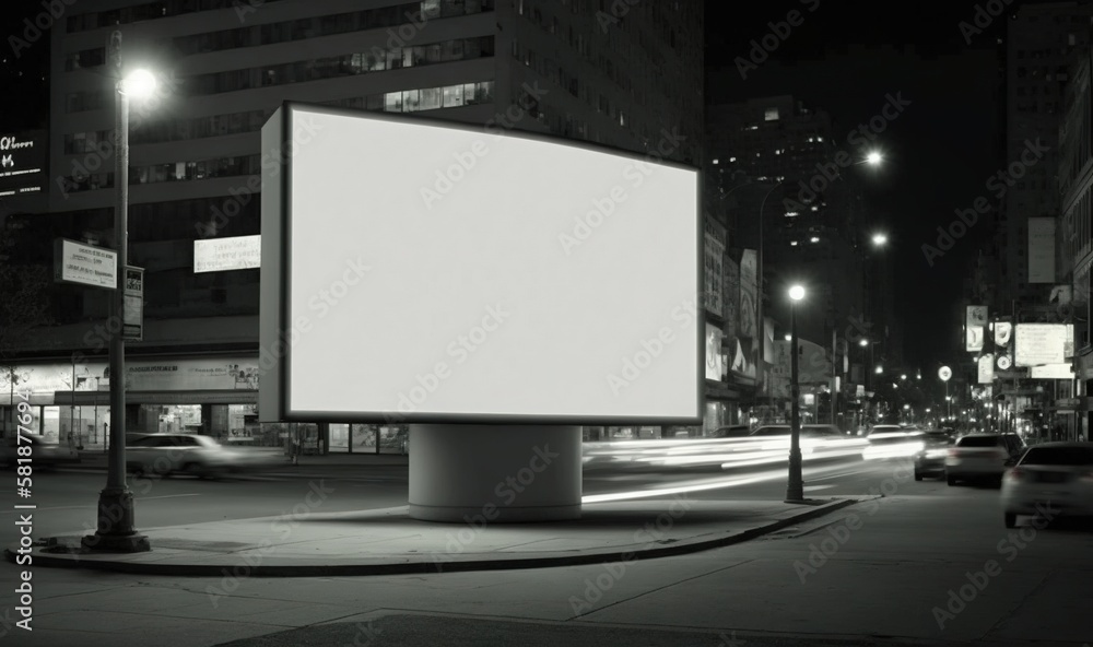  a large billboard on the side of a city street at night with a car passing by on the road and buildings in the background at night time.  generative ai