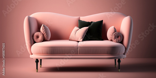 Modern Elegance: A Comfortable and Fashionable Pink Sofa with Eye-Catching Pink and Black Cushions in a Luxury Concept Art Room. AI Generated Art.