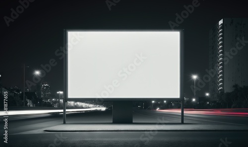  a large white billboard sitting on the side of a road next to a street light at night with a city in the background at night. generative ai