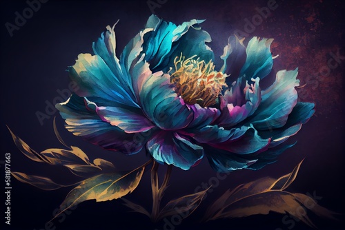 Watercolor Illustration of a CloseUp Blue Peony Flower In Dark Spectrum Light Background. Generative AI