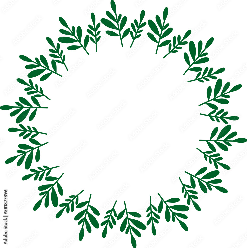 Round green wreath of plants. Vector hand drawn floral frame with branches and leaves in doodle style Round green wreath of plants. Vector hand drawn floral frame with branches and leaves in doodle style