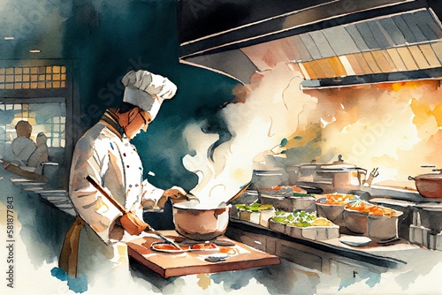Watercolor Illustration of a Chef Cooking In A Busy Restaurant Kitchen. Generative AI