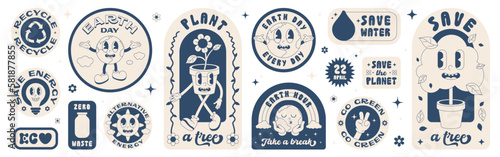 A set of retro old school stickers. Illustration of planet Earth, plants, alternative energy, eco. Earth day stickers. 2 colors, editable stroke