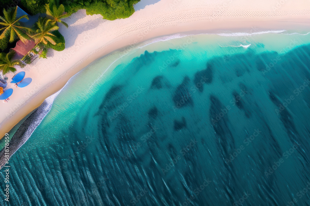 Maldives. View from the quadcopter on the picturesque beach, the surf. Travel concept of ecological environment. Generative AI