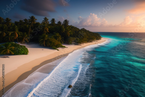 Maldives. View from the quadcopter on the picturesque beach, the surf. Travel concept of ecological environment. Generative AI © mikhailberkut