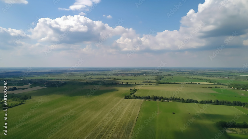Stunning Rural Landscape: Aerial Shot of Lush Crop Fields, Generative AI