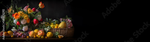 Bright and Bountiful  Close-Up Still Life of Fresh Fruits  Vegetables  and Flowers  Generative AI