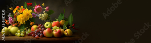 Fresh and Colorful Still Life: Vibrant Flowers, Fruits, and Vegetables on Tabletop, Generative AI