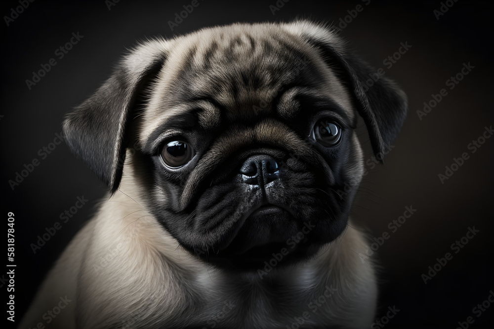 Portrait of a sweet pug dog posing for the photo in a studio with low light, diffuser and natural lighting