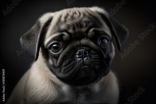 Portrait of a sweet pug dog posing for the photo in a studio with low light, diffuser and natural lighting