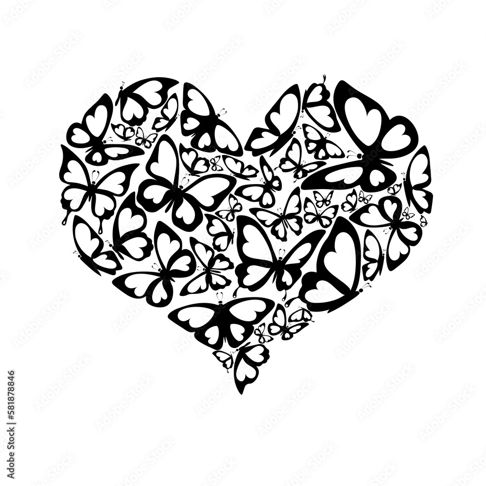 Black and white butterflies enclosed in a heart shape.
