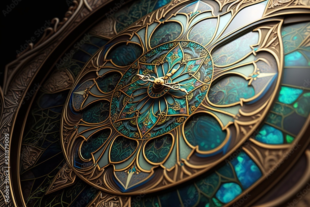 Stained glass clock face with intricate patterns and details, concept