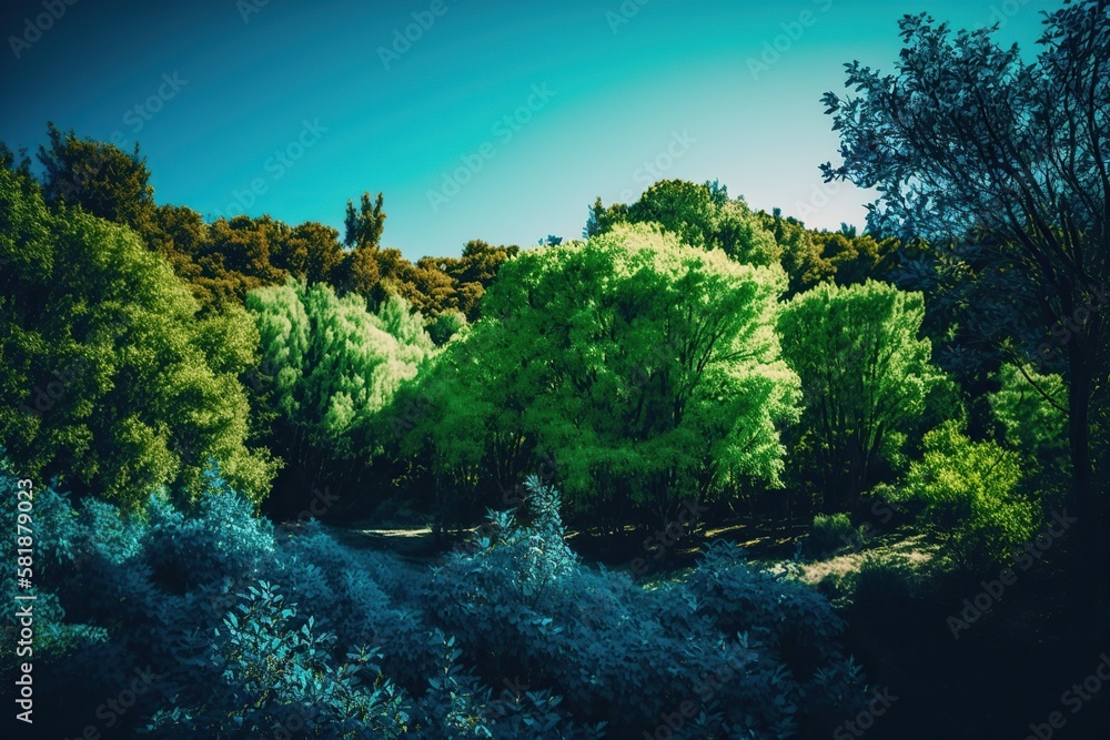 Sweeping landscape shot of a lush forest with the vibrant green trees and foliage creating a stunning contrast against a clear blue sky, created with Generative AI technology