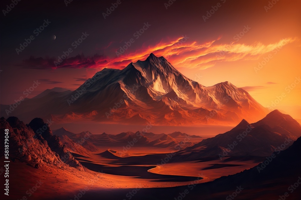 Sweeping landscape shot of a mountain range with a fiery sunset sky casting dramatic shadows over the terrain, concept of Vastness and Grandeur, created with Generative AI technology