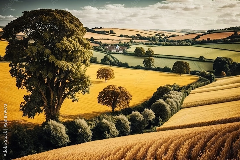 Sweeping landscape shot of a rolling countryside with the golden fields