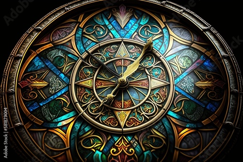 Stained glass clock face with intricate patterns and details, concept of Colorful Design and Timekeeping, created with Generative AI technology