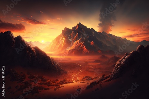 Sweeping landscape shot of a mountain range with a fiery sunset sky casting dramatic shadows over the terrain, concept of Vastness and Grandeur, created with Generative AI technology © tookitook