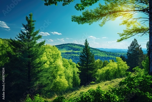 Sweeping landscape shot of a lush forest with the vibrant green trees and foliage creating a stunning contrast against a clear blue sky, created with Generative AI technology