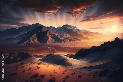 Sweeping landscape shot of a mountain range with a fiery sunset sky casting dramatic shadows over the terrain, concept of Vastness and Grandeur, created with Generative AI technology