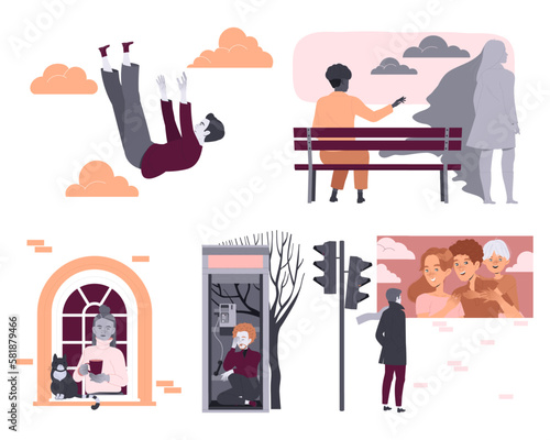Loneliness with Lonely Man and Woman Character Feeling Depression and Sadness Vector Set
