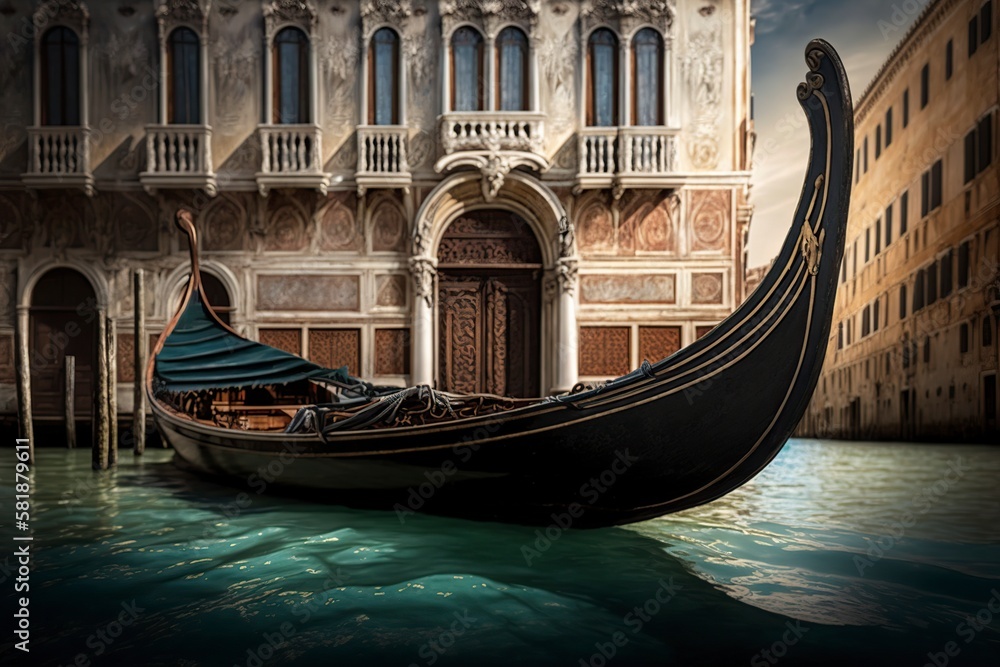illustration, stern gondola at the bottom of the grand venetian canal, ai generative