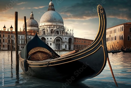 illustration, stern gondola at the bottom of the grand venetian canal, ai generative