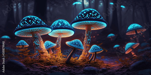Magic mushroom glowing in the forest