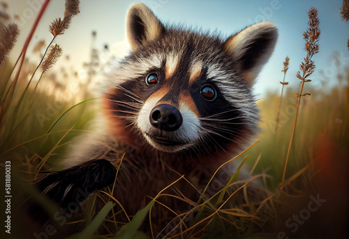 Portrait of a cute raccoon in tall grass. AI generated