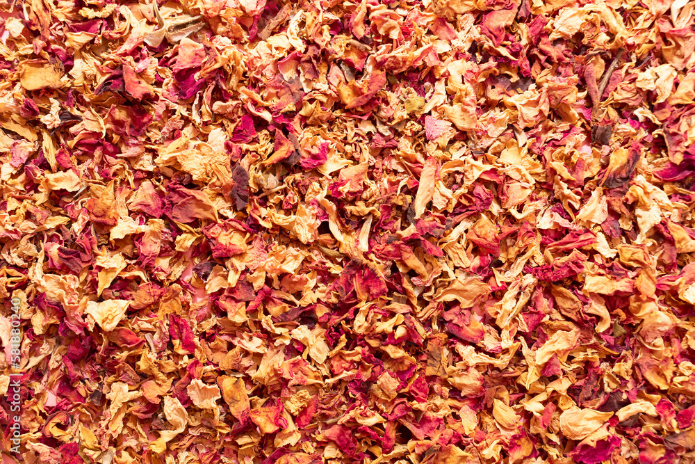Texture dried rose petals, leaves. Potpourri, desiccated rose buds background. Top view aromatic herbal beverage made from fragrant flowers. Horizontal plane, from above, space for text