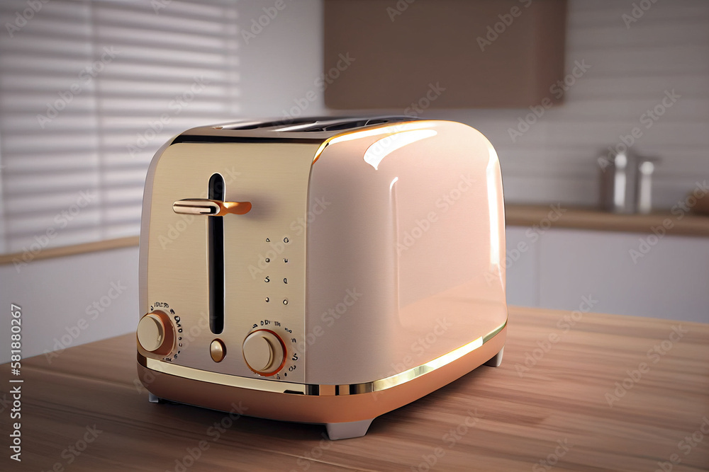 Toaster with dishes and sandwiches on a light kitchen table Toaster with dishes and sandwiches on a light kitchen table