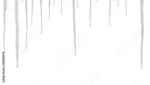 Row of hanging icicles. Isolated png with transparency