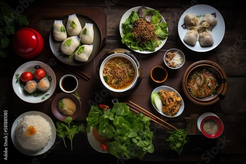 Vietnamese food table, dimsum, spicy foodphotography, generative ai