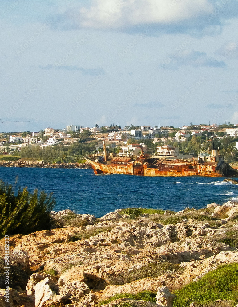 Wreck of Edro III ship on a sea coast. Coral Bay Cyprus.