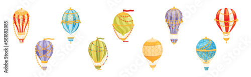 Hot Air Balloon as Light Aircraft with Gondola or Basket Vector Set