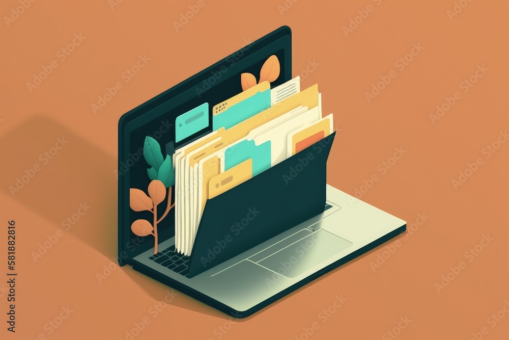 File folder on laptop screen, cloud storage concept, background. Generative AI File folder on laptop screen, cloud storage concept, background. Generative AI