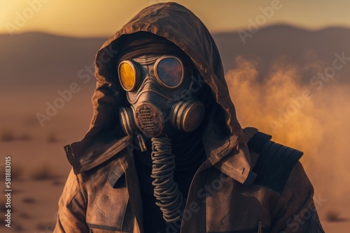 Illustration of man with hood and gas mask, post apocalyptic desert landscape. Generative AI
