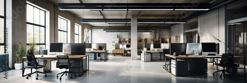 Modern Office interior, open area with bright light, stylish furniture and computers. Architecturally pleasing. No people. Wide screen, Panoramic view. Illustrative Generative AI. © henjon