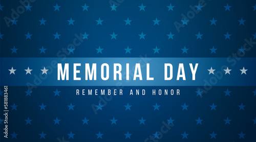 Memorial Day - Remember and Honor Poster. Usa memorial day celebration. American national holiday. Invitation template with white text on a blue background with stars. Vector illustration