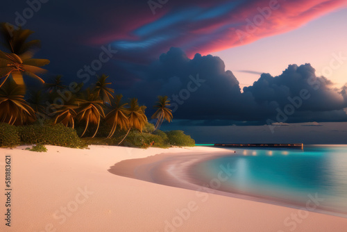 Maldives. View of the picturesque beach at evening, the surf, beautiful clouds at sunset. Travel concept of ecological environment. Generative AI