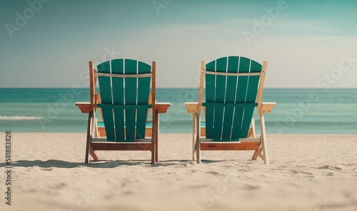  two green lawn chairs sitting on top of a sandy beach next to the ocean with a blue sky in the backgrounnd of the photo. generative ai