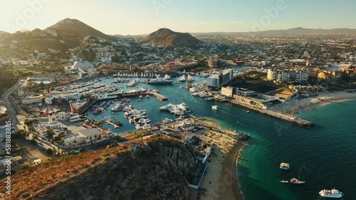 Cabo San Lucas Harbour and Marina aerial view into the marina. Drone footage.  photo
