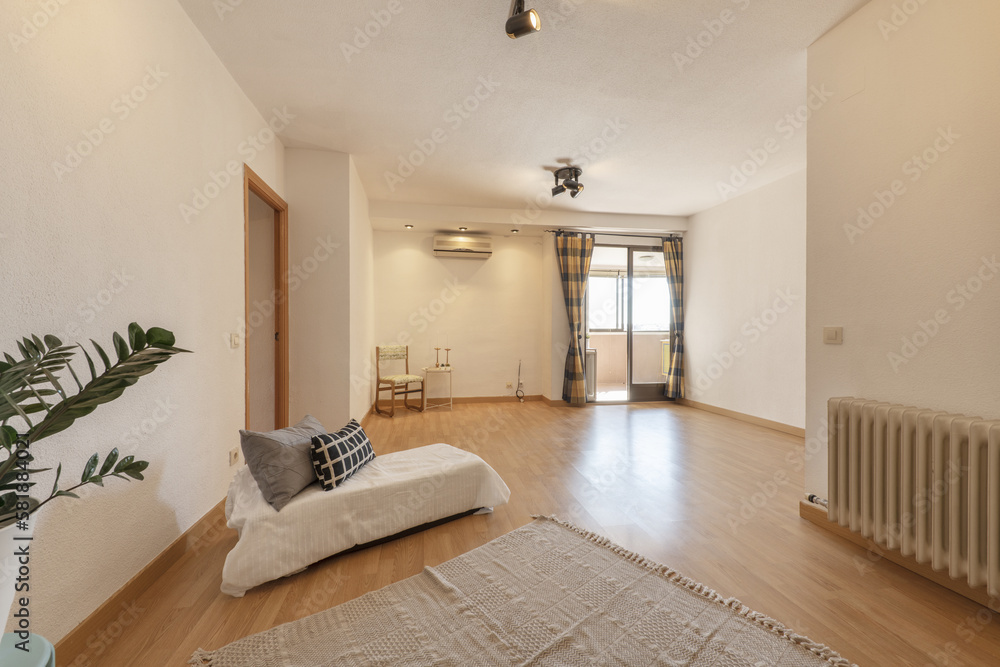 Fototapeta premium Living room with some solitary furniture, a rug, exit to a closed terrace with glazing and cast iron radiators