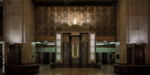 Art Deco interior design, lobby, elevators, dark. Generative AI photo